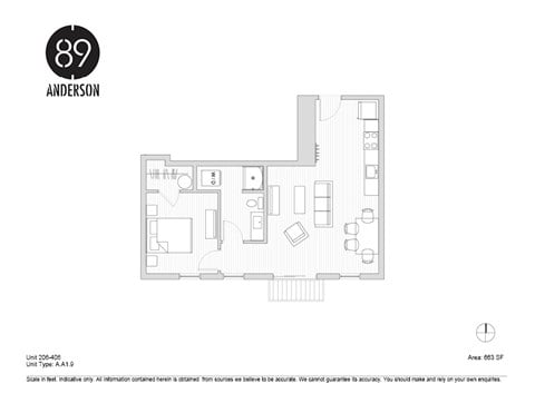 Floor plan for 1 bed, 1 bath, 663 sqft